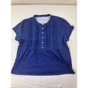 Lands' End Women's Blue Polka Dot Short Sleeve Pleated Blouse‎ Top Size M